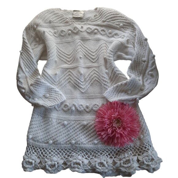 Vintage Express Hand Knit 1980s Floral Crochet Hem sweater - Picture 3 of 11